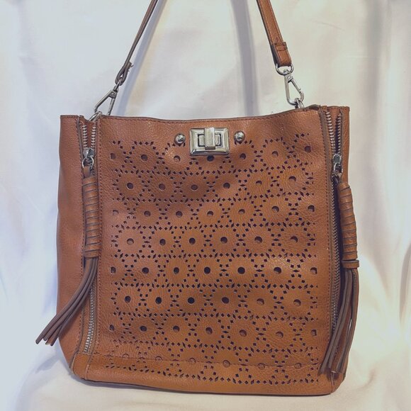 Carlos by Carlos Santana Handbags - Carlos Santana Stenciled Expandable Faux Leather Boho Camel Shoulder Purse-Adj